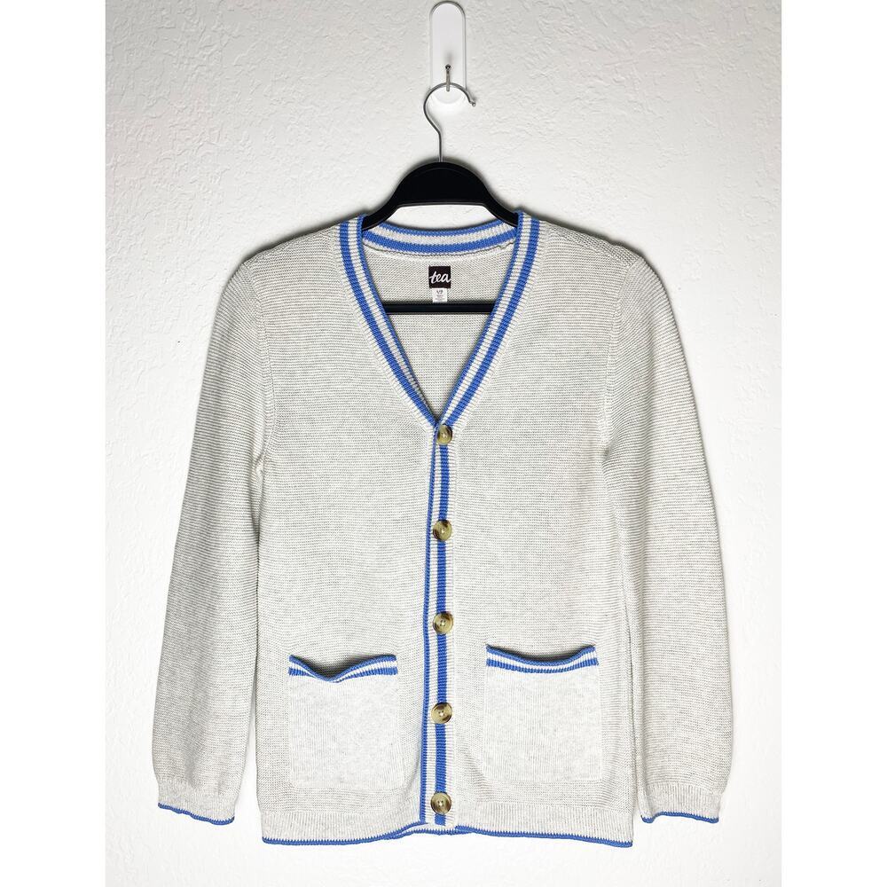 Tea Collection Girl's Button Front Cardigan Preppy Grey Sweater Blue Stripe Trim